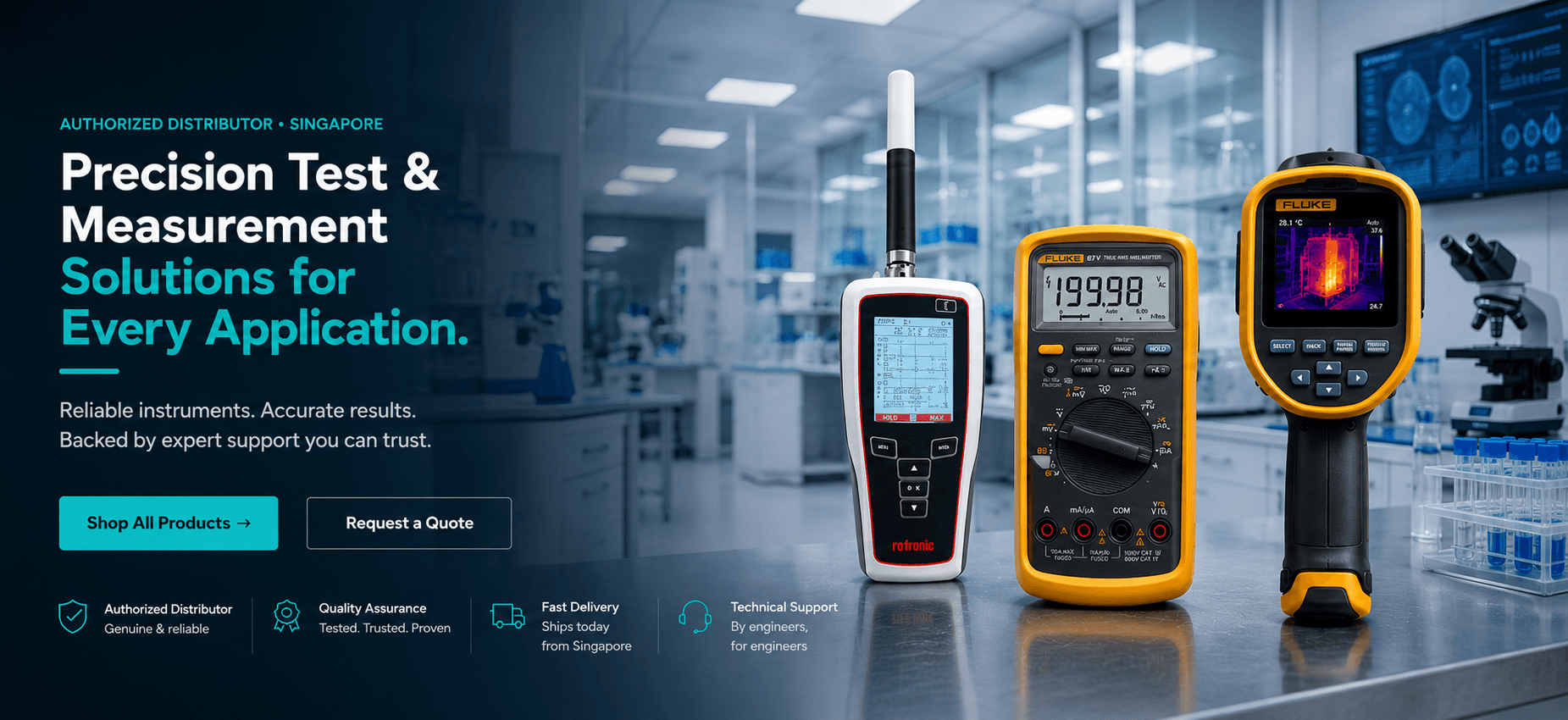 Precision Test & Measurement Solutions for Every Application — Authorized Distributor of Rotronic, Fluke & Amprobe in Singapore. Reliable instruments, accurate results, backed by expert support.