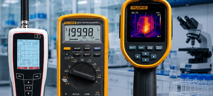 Rotronic handheld meter, Fluke 87V multimeter and Fluke thermal camera in a laboratory
