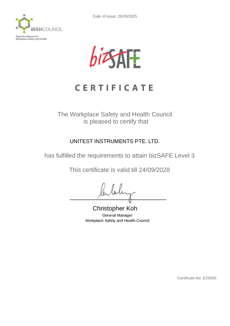 Unitest Instruments bizSAFE Level 3 workplace safety and health certificate