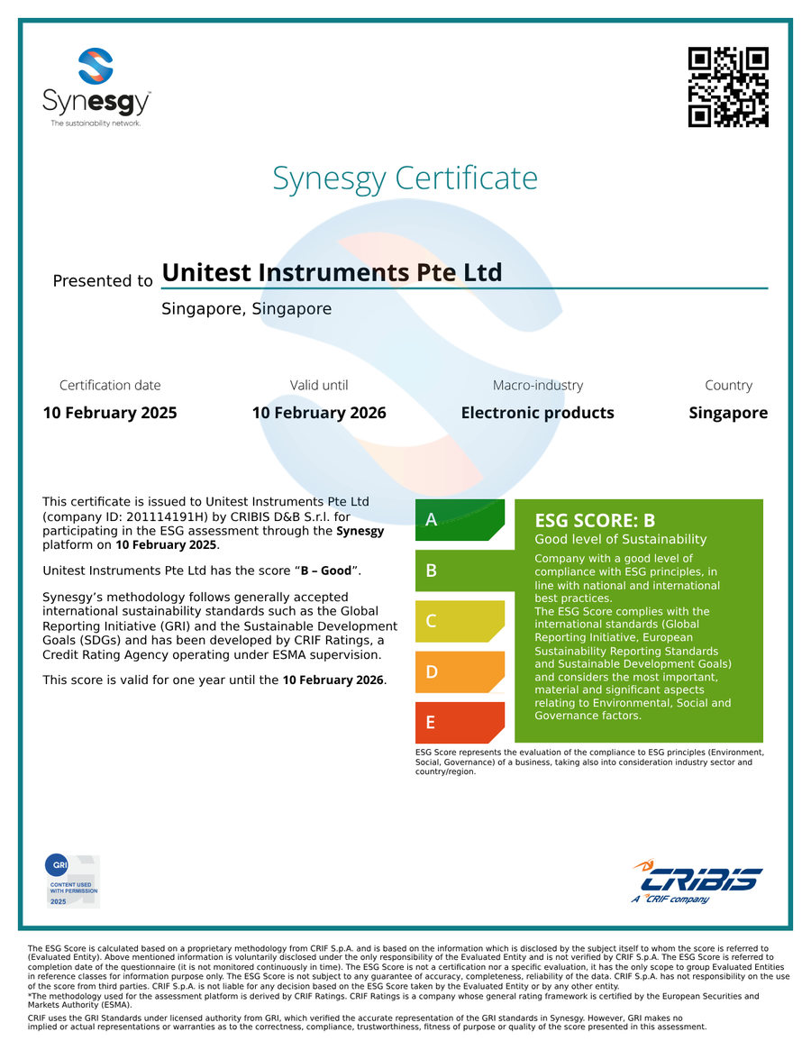 Unitest Instruments Synesgy ESG rating certificate — Score B, Good level of Sustainability