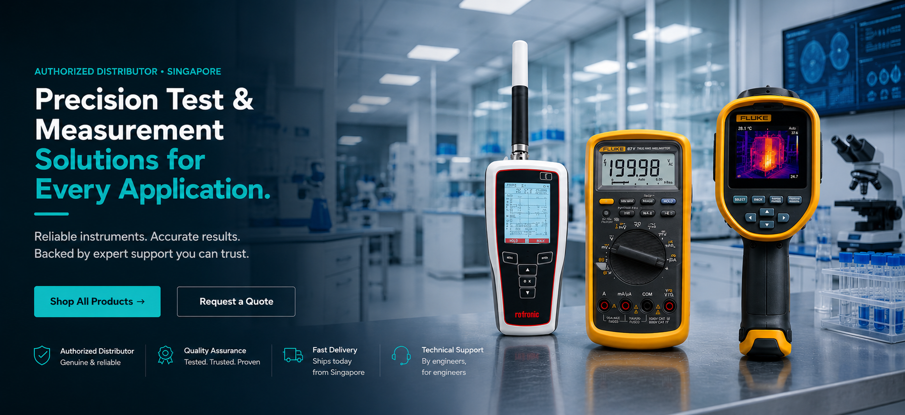 Precision Test & Measurement Solutions for Every Application — Authorized Distributor of Rotronic, Fluke & Amprobe in Singapore. Reliable instruments, accurate results, backed by expert support.